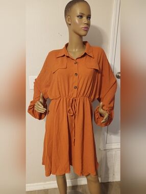 Casual Drawstring Waist Rust Shirt Dress